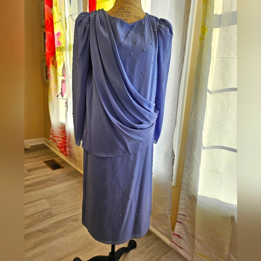 Vintage Layered Beaded Chiffon Draped 80s Wedding Guest Dress Periwinkle Blue
